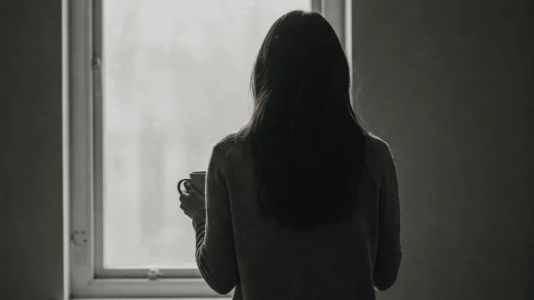 Eine Frau steht mit einer Tasse am Fenster und blickt nach draußen – Symbol für Erschöpfung, Nachdenken und emotionale Überforderung.
