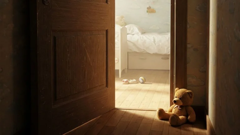 Ein Teddybär sitzt allein im Flur vor einer offenen Kinderzimmertür – Sinnbild für Trennung, Loslassen und stille Sorgen von Eltern.