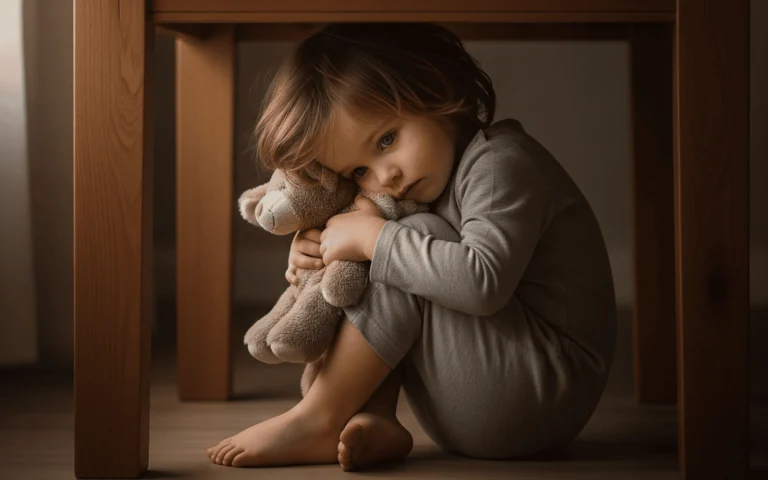 Kleines Kind sitzt zurückgezogen unter einem Tisch und hält einen Teddybären fest im Arm – Symbol für Angst, Rückzug und den Wunsch nach Sicherheit.