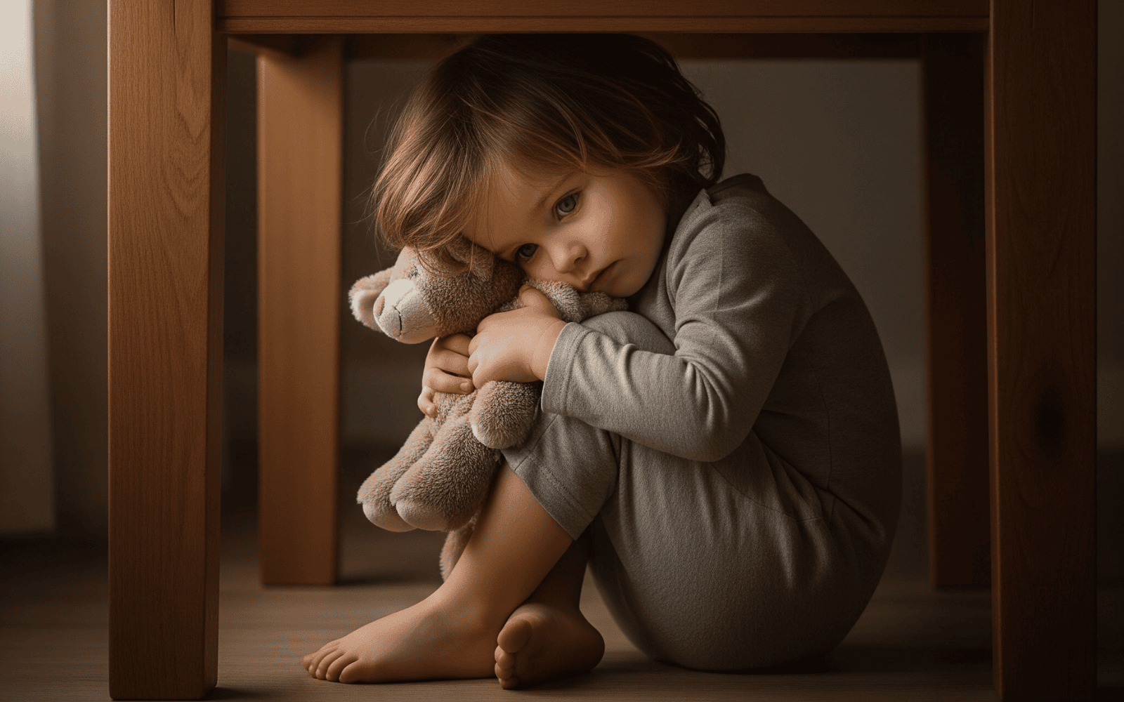 Kleines Kind sitzt zurückgezogen unter einem Tisch und hält einen Teddybären fest im Arm – Symbol für Angst, Rückzug und den Wunsch nach Sicherheit.