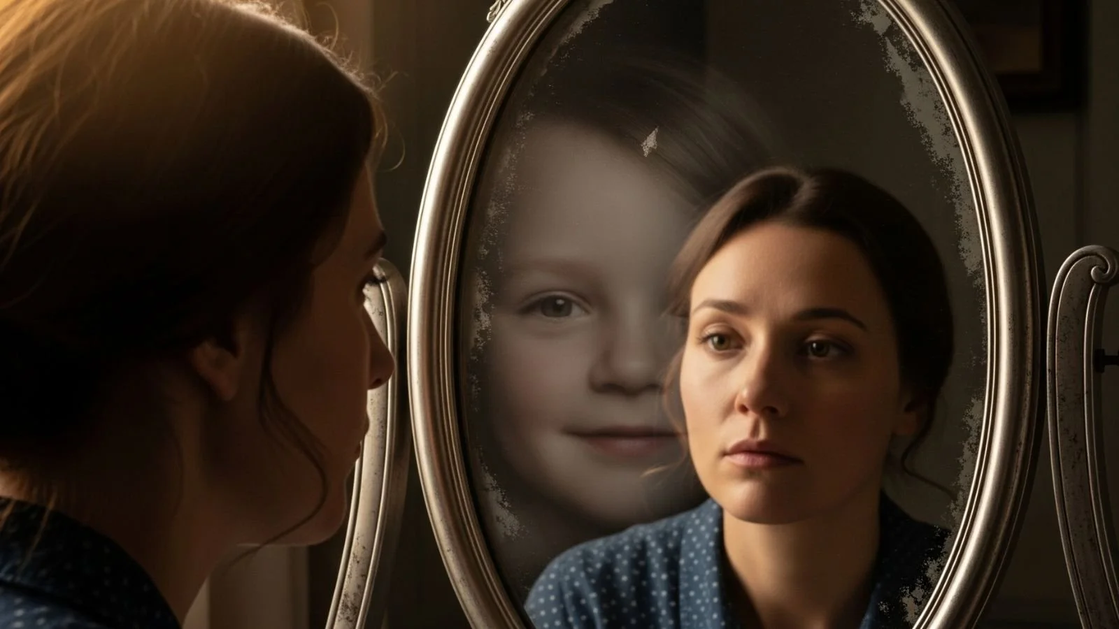 Eine Frau blickt in einen Spiegel, in dem sich neben ihrem eigenen Gesicht das Gesicht eines Kindes widerspiegelt.