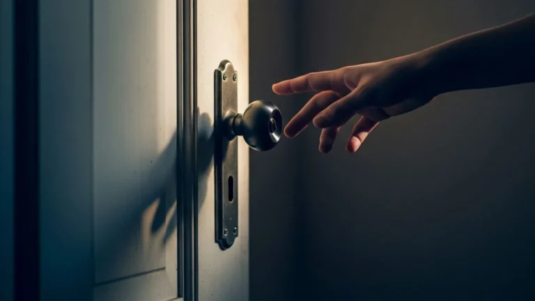 Eine Hand nähert sich einem Türgriff an einer geschlossenen Tür.