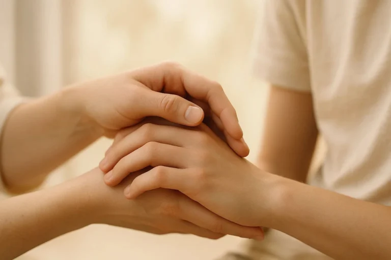 Zwei Hände halten behutsam eine Kinderhand, ruhige Geste von Nähe und Halt.